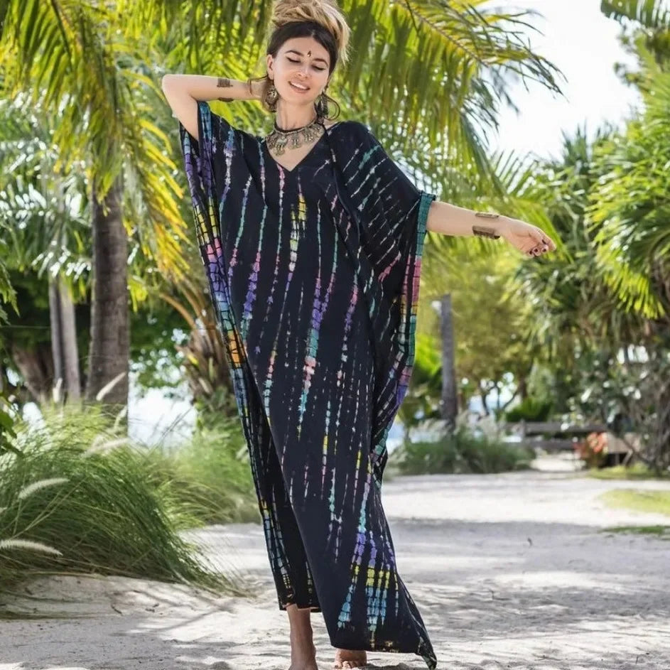 2026 Summer Bohemian Striped Print Women Beach Dress Bathing Suit Cover Up Summer Tunic for Woman Beachwear Robe De Plage Kaftan - Matrix Studios