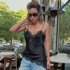 HXAO Asymmetrical Slip Top Women Summer 2025 Y2K Tanks & Camis Lace Black Off Shoulder Top Elegant Sleeveless Backless Camisole - Matrix-studios.com