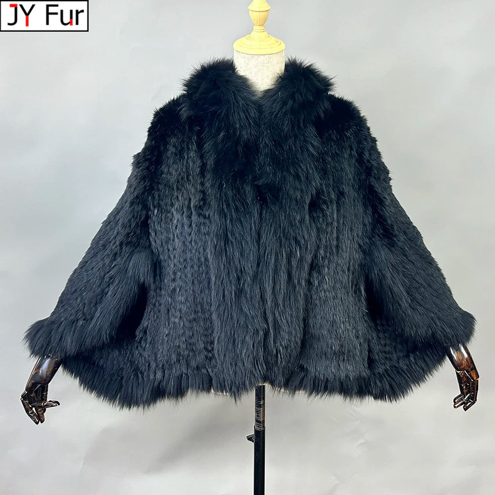 New Real Genuine Natural Knitted Rabbit Fur Shawl Coat With Fox Fur Collar Women's Fashion Knit Jacket Cape - Matrix Studios