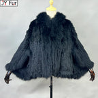 New Real Genuine Natural Knitted Rabbit Fur Shawl Coat With Fox Fur Collar Women's Fashion Knit Jacket Cape - Matrix Studios