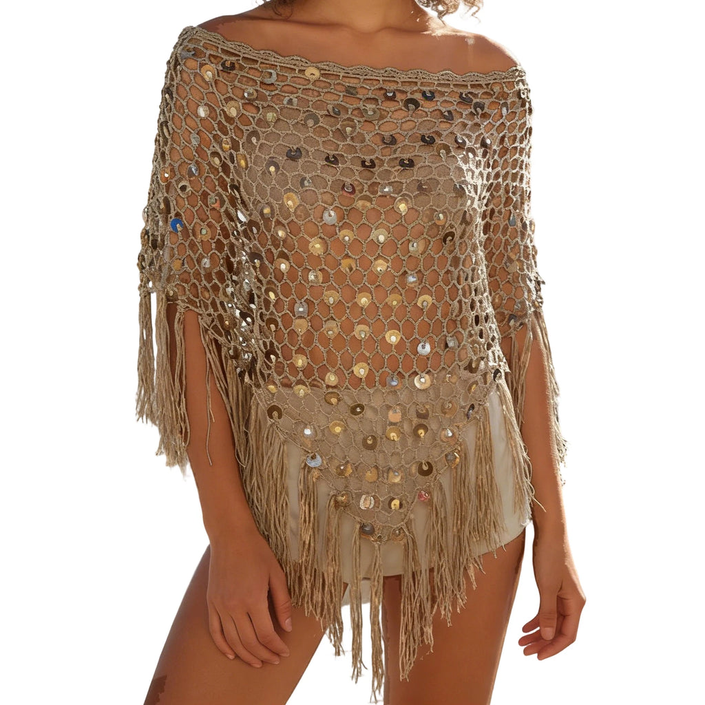 Women's Tassel Knit Ponchos Sparkly Sequin Loose Fit Hollow Out Handmade Crochet Shrug Shawl Casual Cover Ups Beachwear - Matrix Studios