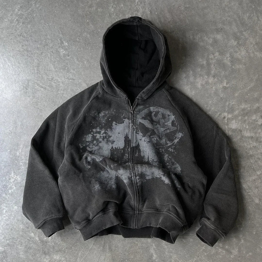 Y2k Gothic Punk Style Printed Star Spot Embroidered Zipper Hoodie Men and Women Fashion Harajuku Retro Oversized Bat Sleeve Top - Matrix Studios