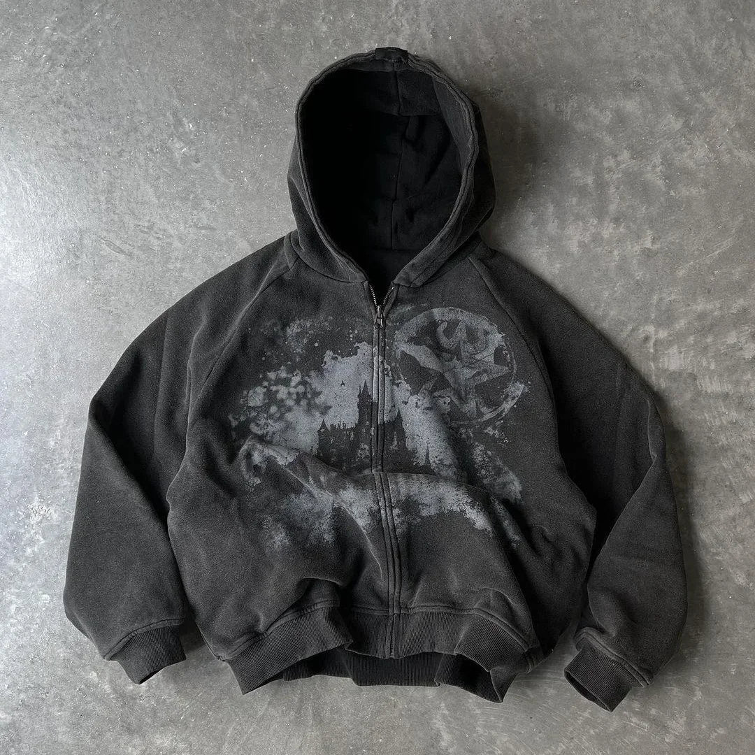 Y2k Gothic Punk Style Printed Star Spot Embroidered Zipper Hoodie Men and Women Fashion Harajuku Retro Oversized Bat Sleeve Top - Matrix Studios