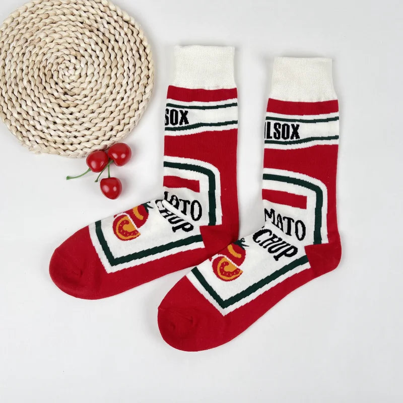 1 Pair Unisex Funny AB Style Tomato Ketchup French Fry Printed Mid-Calf Socks Suit In All Seasons - Matrix Studios