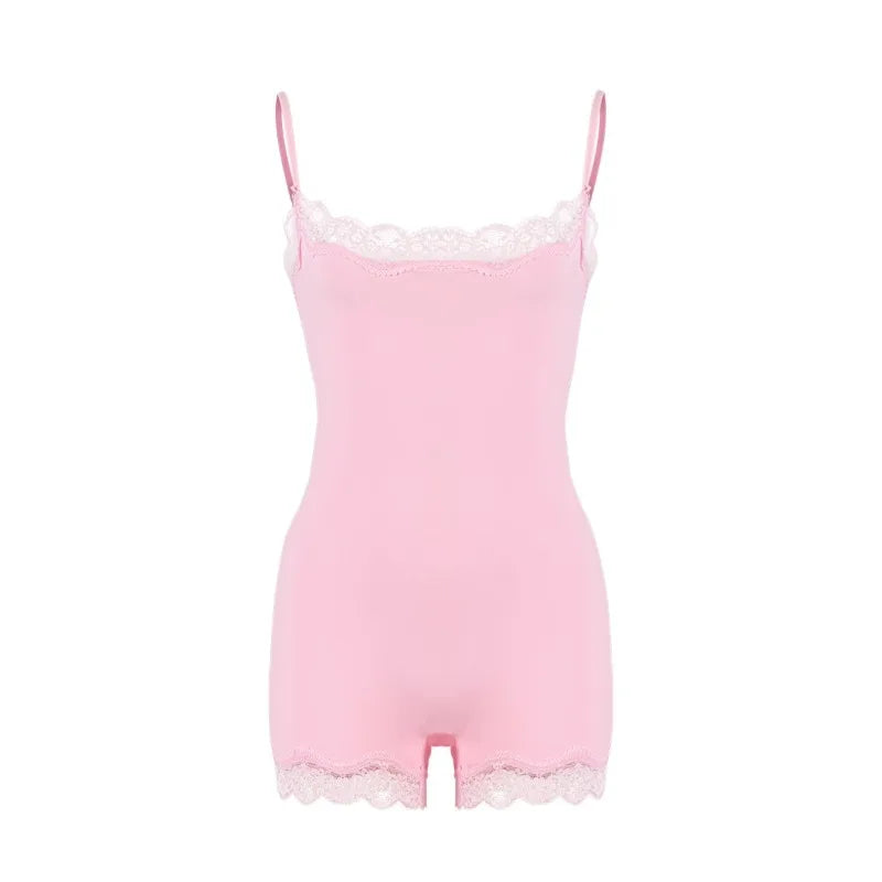 Lace Patchwork Cami Playsuit Women Sexy Backless Sleeveless Romper Solid Color Y2K Streetwear Casual Loungewear Outfit - Matrix Studios