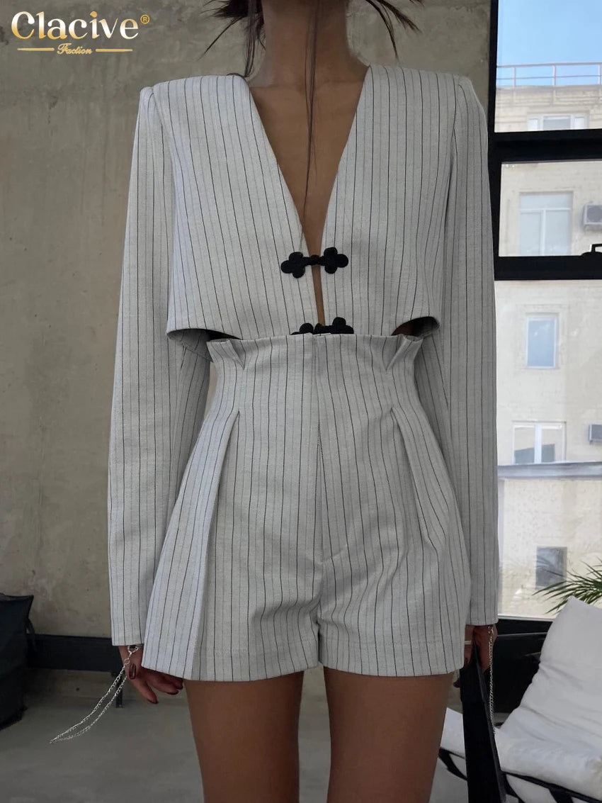 Clacive Fashion Stripe Print 2 Piece Sets Women Elegant Slim Long Sleeve Irregular Top With High Waist Shorts Set Streetwear - Matrix-studios.com