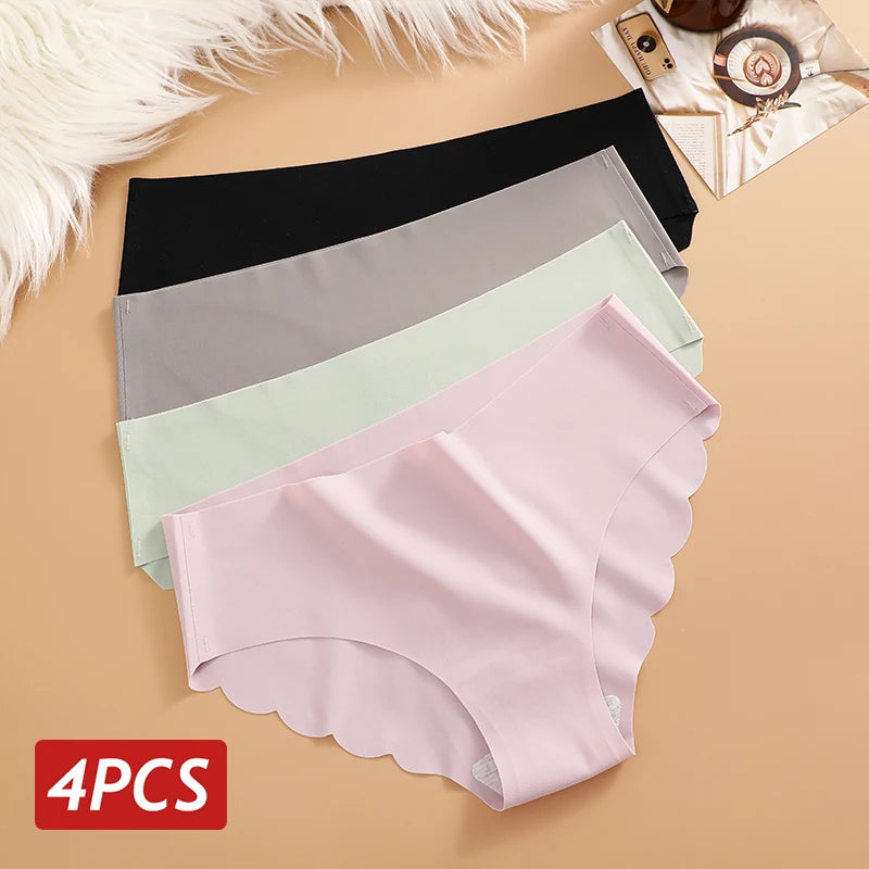 Ice Silk Seamless Panties 4PCS/Set Women's Briefs Solid Color Elastic Underwear Female Ultra Thin No Trace Wavy Side Panties - Matrix Studios