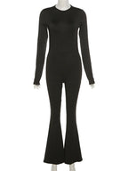 Solid Black Sexy Backless Bodycon Wide Leg Jumpsuit Women Autumn Casual Slim Long Sleeve O-Neck Playsuit Lady Streetwear - Matrix Studios