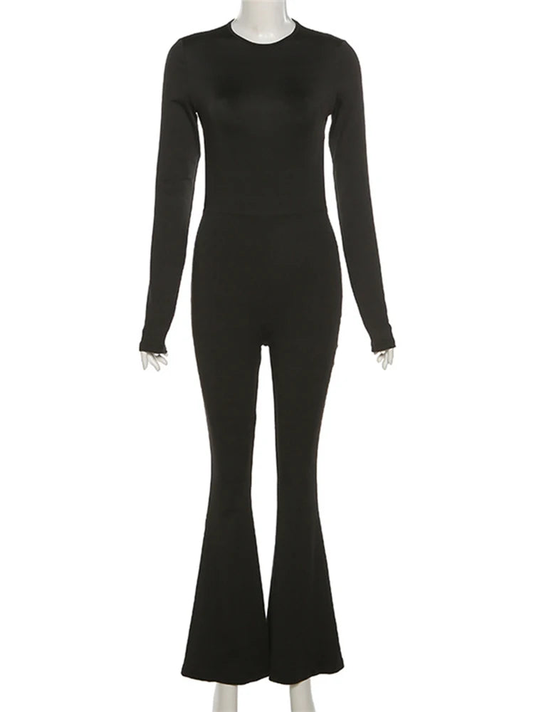Solid Black Sexy Backless Bodycon Wide Leg Jumpsuit Women Autumn Casual Slim Long Sleeve O-Neck Playsuit Lady Streetwear - Matrix Studios