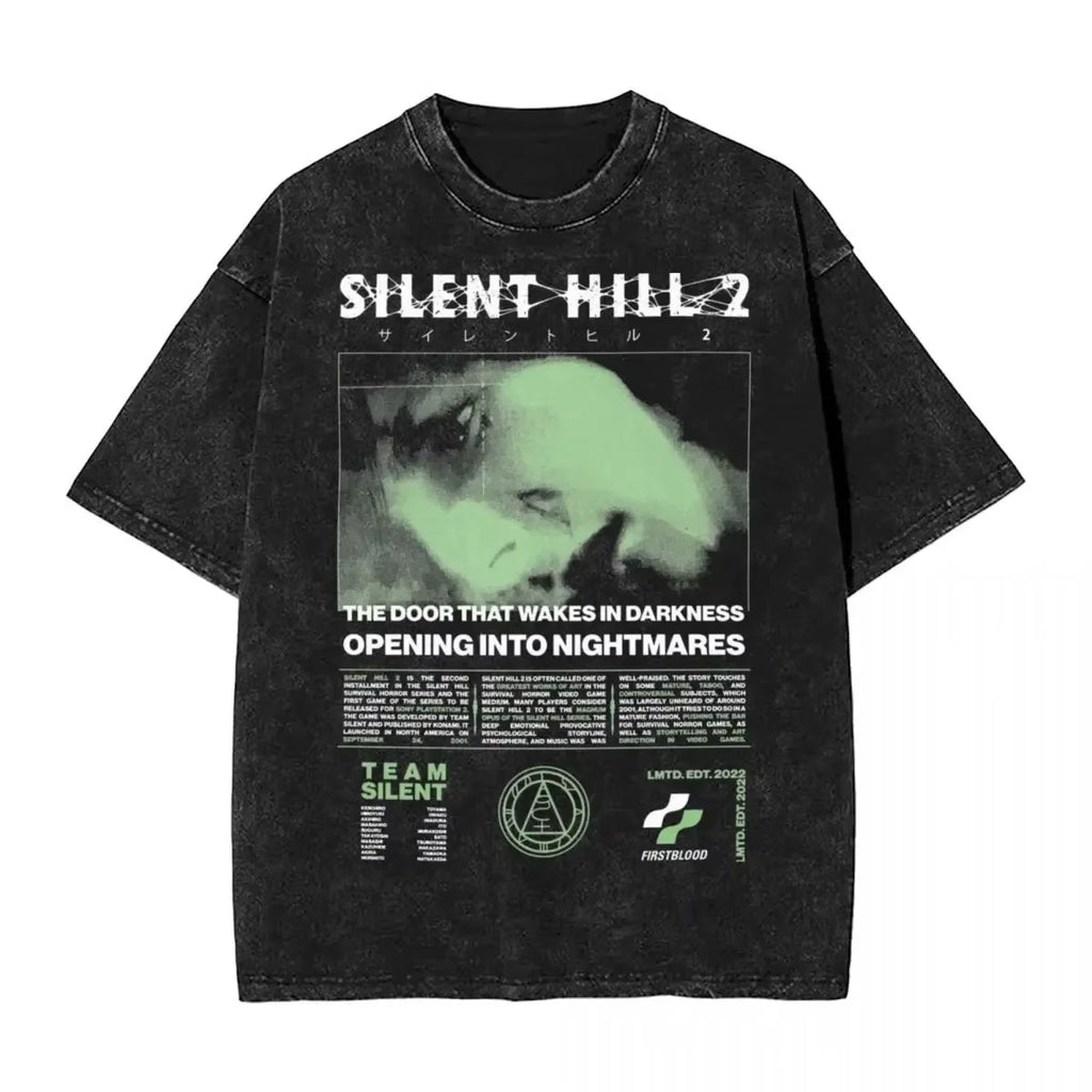 Washed T Shirts Horror Silent Hill Heavens Night Hip Hop T-Shirt Street  Streetwear Short Sleeve Printed Tops Tees Men Women