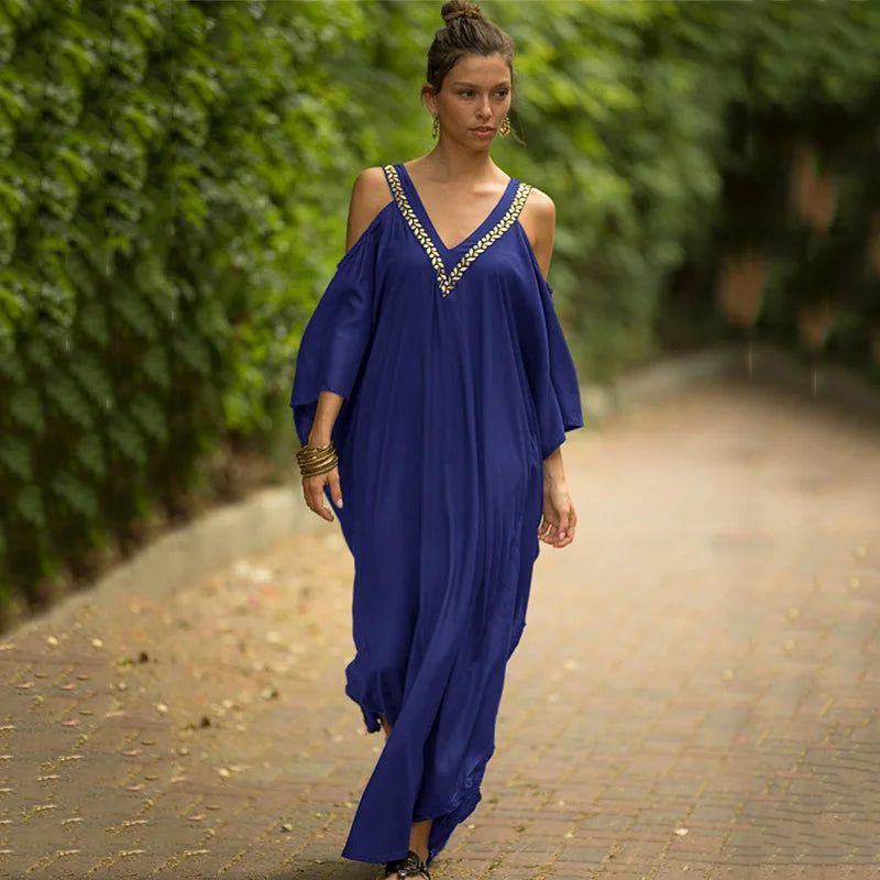 Kaftan Dresses Swimsuit Cover Up Maxi Dress Beach Wear Turkish Cold Shoulder Beach Outifits Summer Vacation - Matrix Studios