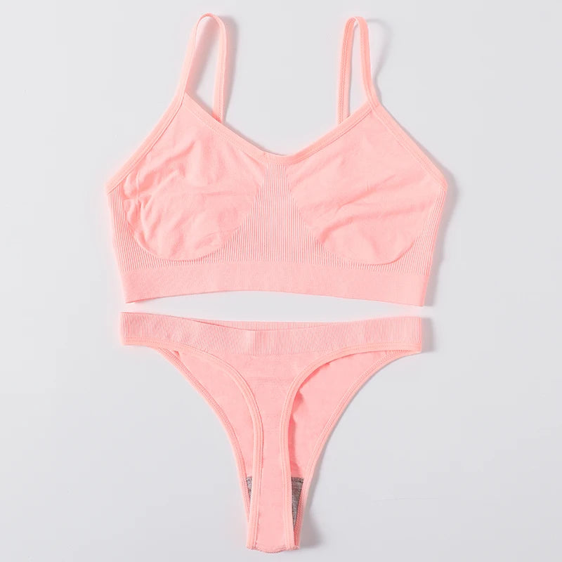 Women Seamless Bra And Panties Set Wire Free Bralette High Leg Cut Thongs Comfort Ribbed Unlined Underwear Sexy Lingerie Set - Matrix-studios.com