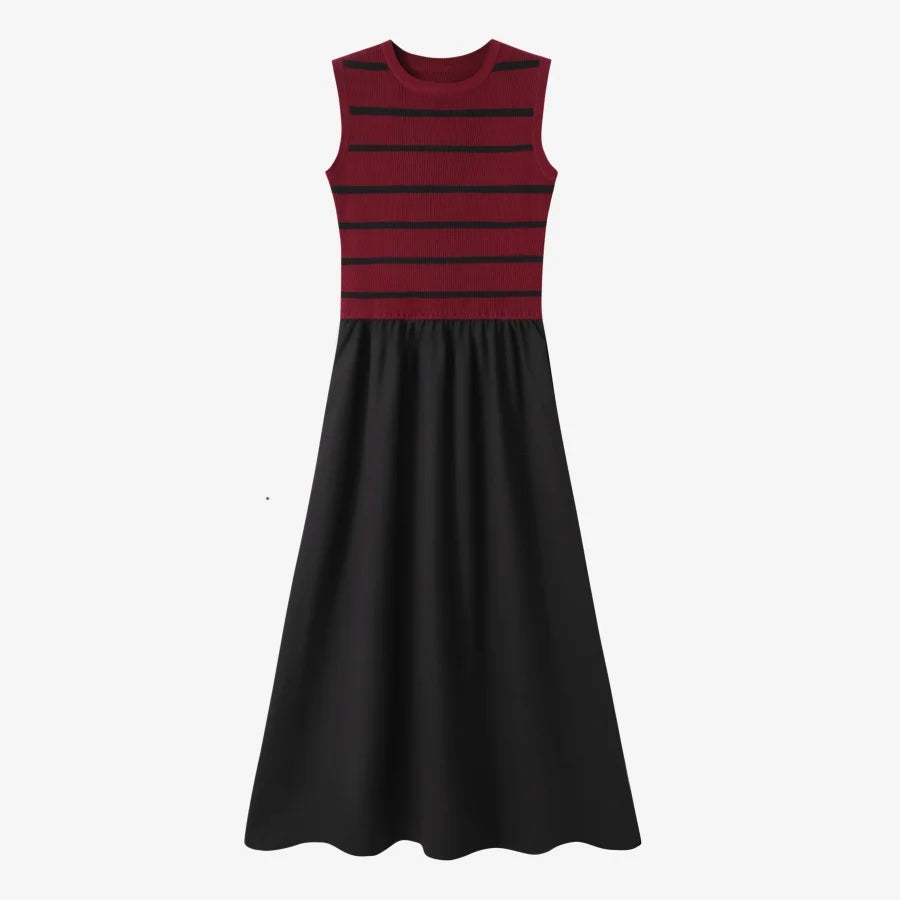AS AW25 stripe knitting cardigan + sleeveless patch dress maxi matching set for woman clothing - Matrix-studios.com