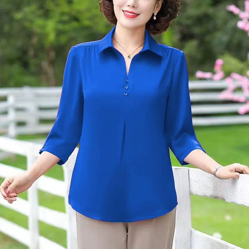 1pcs Woman Summer Solid Blouses Shirt Lady Thin Pullover Shirt Female Casual Half Sleeve Turn-down Collar Loose Top Mom Clothing - Matrix-studios.com