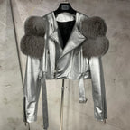 Leather Jacket Factory Ladies Short Leather Jacket Real Fox Fur Sleeve Coat Women Autumn 21001 - Matrix Studios