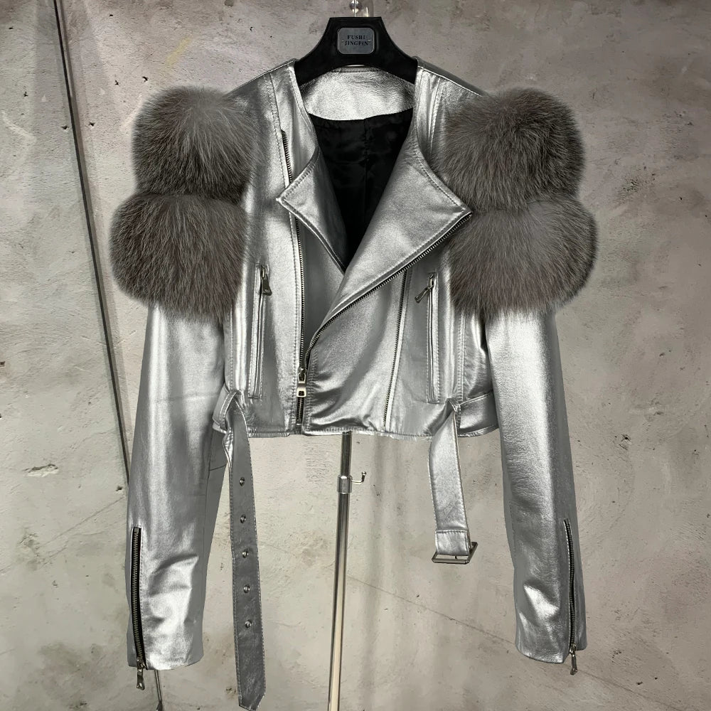 Leather Jacket Factory Ladies Short Leather Jacket Real Fox Fur Sleeve Coat Women Autumn 21001 - Matrix Studios