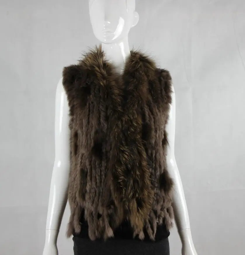 Harppihop womens natural real rabbit fur vest with raccoon fur collar waistcoat/jackets rex rabbit knitted winte - Matrix Studios
