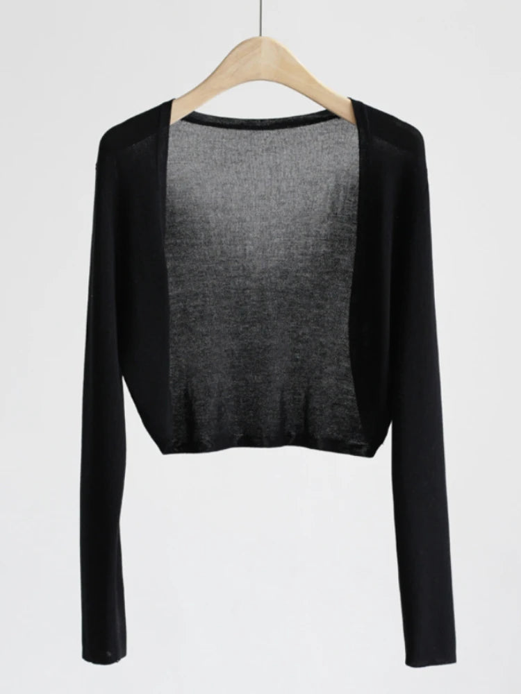 AOSSVIAO 2026 Women Elegant Solid Cardigan Coat Jackets Short Sleeve Korean Thin Knitted Shirt Female Y2K Cropped Top Outwea - Matrix Studios
