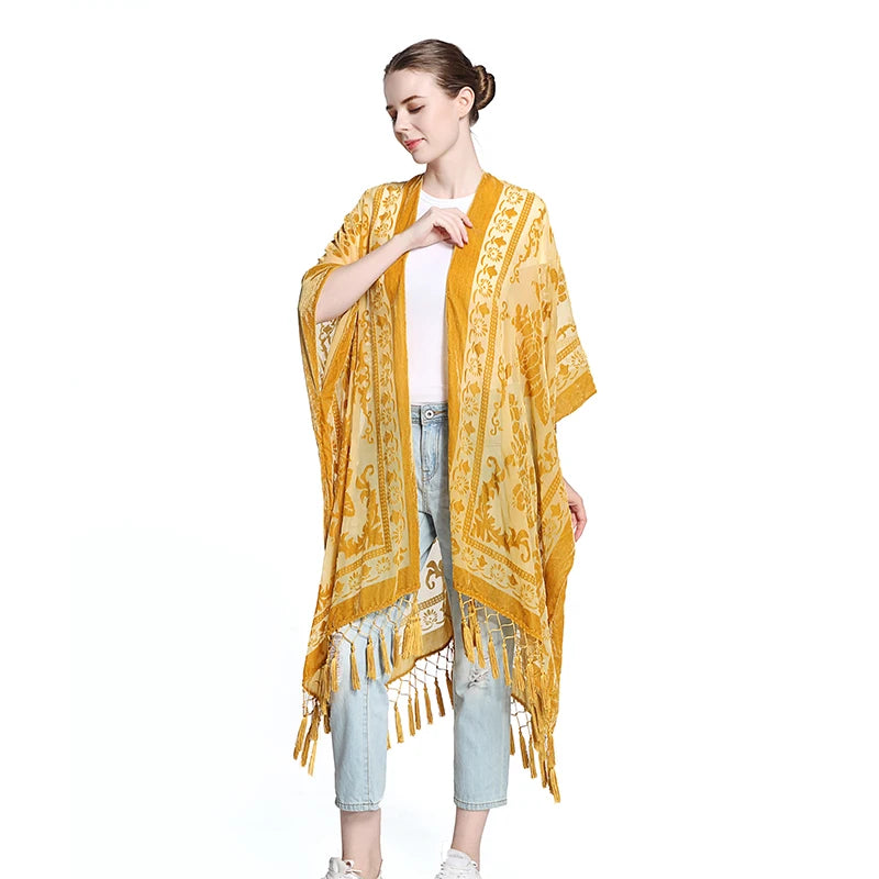 WeHello Burnout Velvet Kimono For Women Luxury Fashion Long Cardigan With Tassel Beach Cover-up Holiday Cardigan Shawl - Matrix Studios