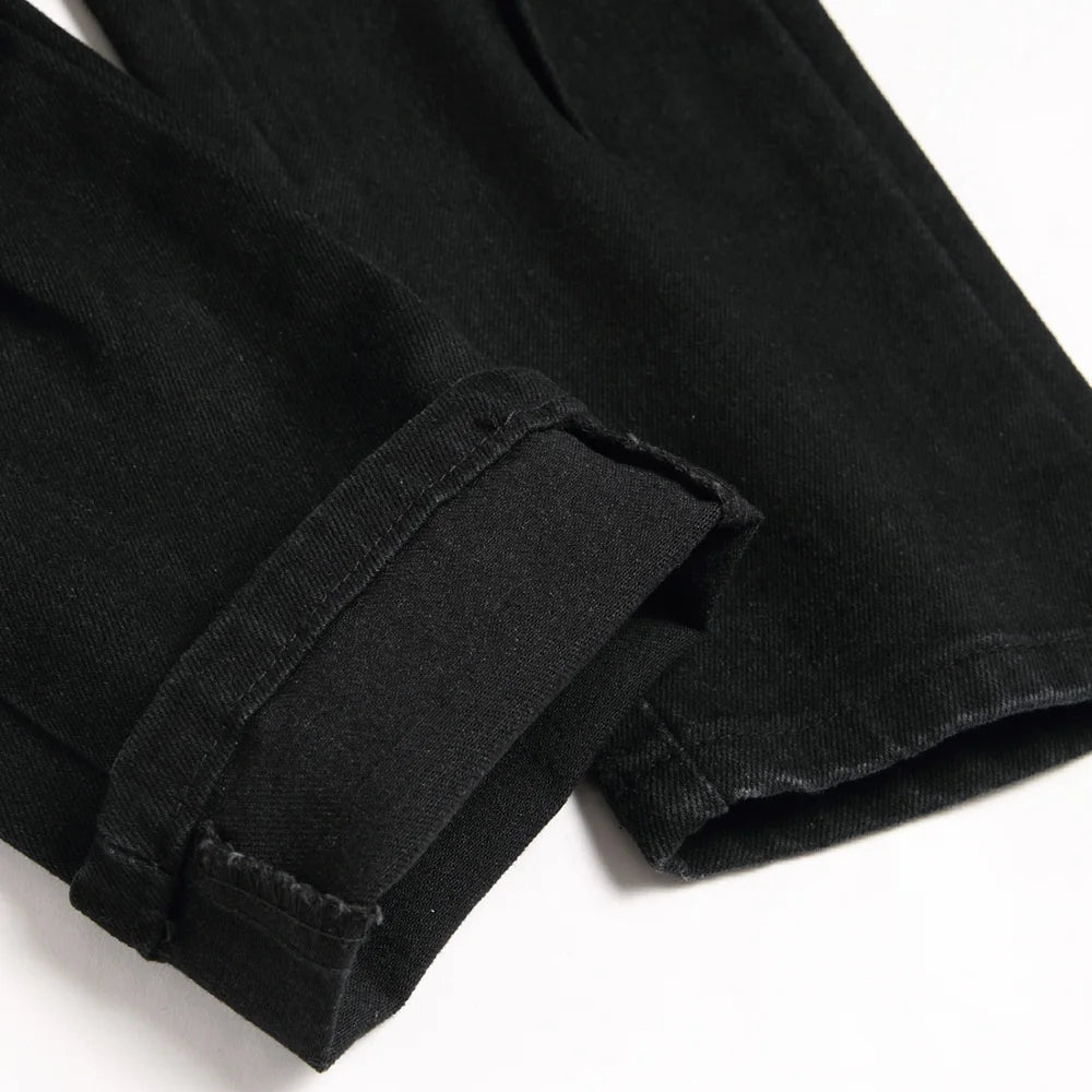 Men Snake Embroidery Jeans Streetwear Black Stretch Denim Pants Holes Ripped Distressed Slim Straight Trousers - Matrix Studios