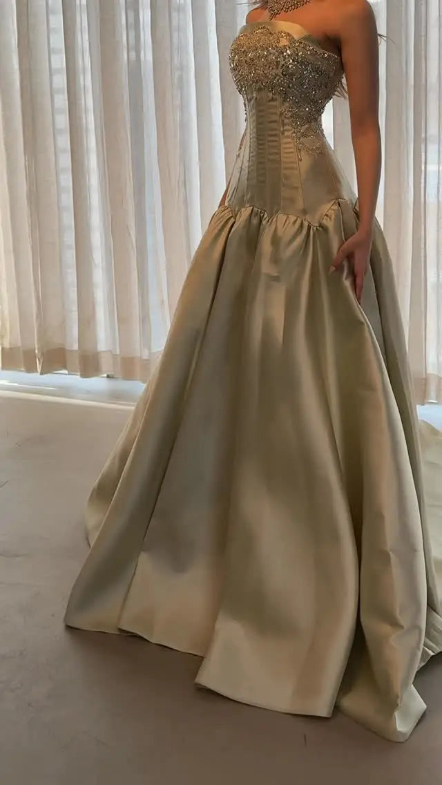 Sansa Customized 2026 Elegant Champagne Gold Strapless Prom Dresses Beaded Corset Satin Ball Gown Formal Evening Gowns Vestidos - Matrix-studios.com