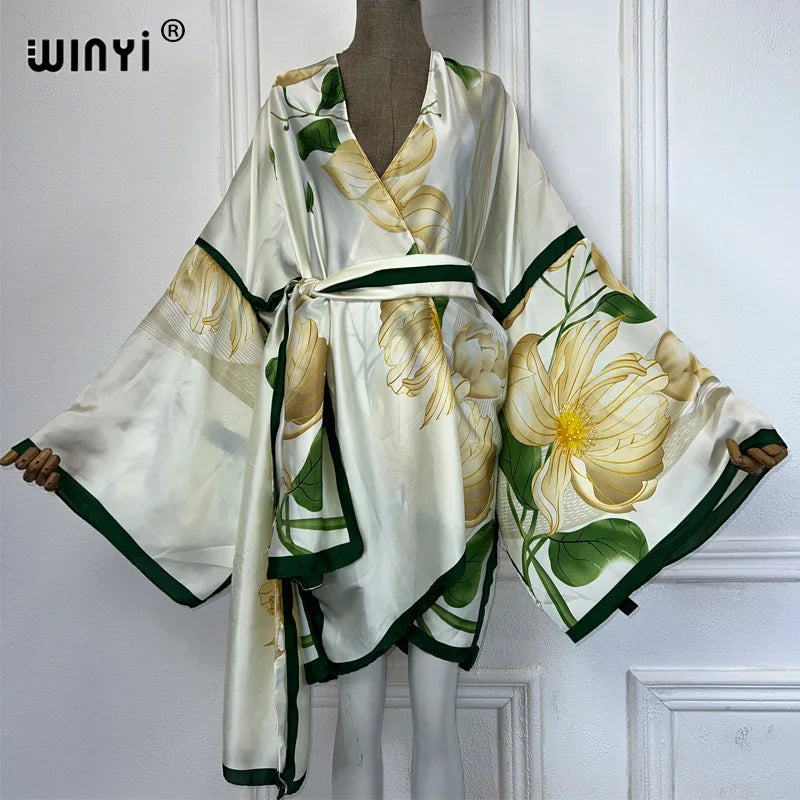 WINYI Summer Beach Outfits Women Swim Suit Cover Up Kaftan Boho Cardigan Stitch Self Belt Sexy Holiday Long Sleeve Print Kimono - Matrix Studios