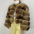 BEIZIRU Women's Real Raccoon Fur Coat Winter Long Sleeve Hooded Jacket with Turndown Collar Natural Luxury Thick Top - Matrix Studios
