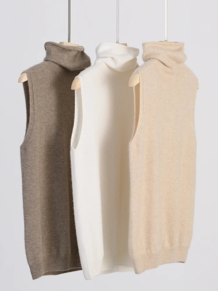 Women 100% Merino Wool Sleeveless Pullovers Turtleneck Sweater Waistcoat Wool Knitwear Spring Autumn Winter Fashion Vest Tops - Matrix Studios