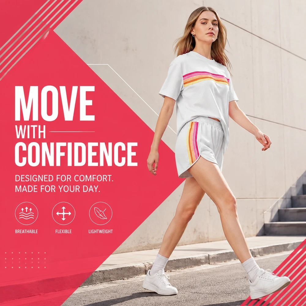 Women's 2 Piece Tracksuit Set Short Sleeve Crew Neck T Shirt and Elastic Waist Shorts Retro Rainbow Striped Casual Athletic Wear Matching Outfit Relaxed Fit for Gym Running Daily Streetwear Summer Spring