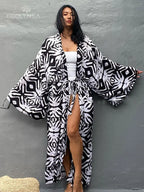 Bohemian Printed Bikini Cover-ups Elegant Self Belted Kimono Dress Tunic Women Plus Size Beach Wear Swim Suit Cover Up Q1228 - Matrix Studios