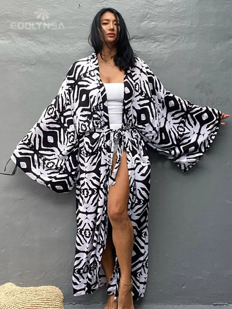 Bohemian Printed Bikini Cover-ups Elegant Self Belted Kimono Dress Tunic Women Plus Size Beach Wear Swim Suit Cover Up Q1228 - Matrix Studios