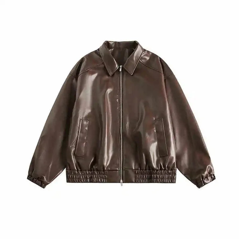 Retro Ladies Fashion Zipper Faux Leather Jacket Spring Autumn Women Long Sleeves Leather Coat 2025 Female PU Leather Outwear - Matrix Studios