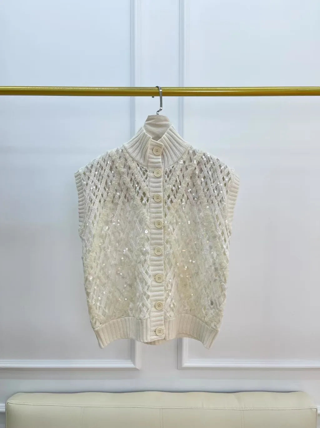 Naizaiga  100 cashmere mock neck white mocha hollow out autumn women sleeveless sequin cardigans  JH1 - Matrix Studios