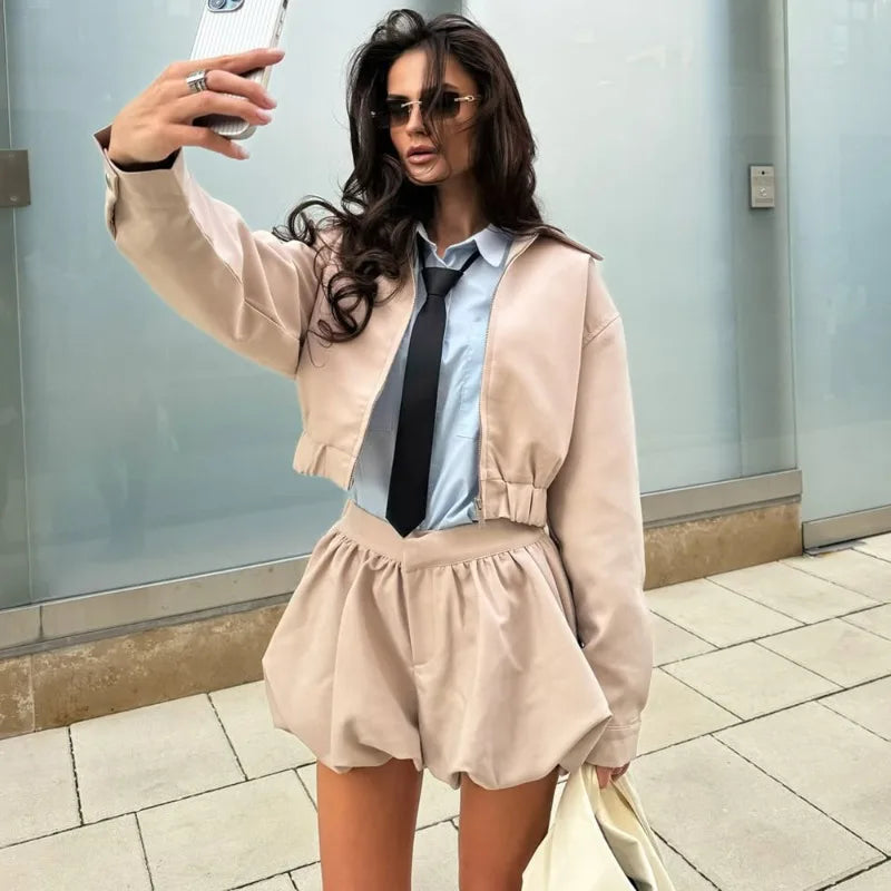 Tuularose Women's 2 Piece Fashion Lapel Zip Jacket Pleated Shorts Suit Vintage Streetwear New Party  Autumn Female Short Sets - Matrix-studios.com