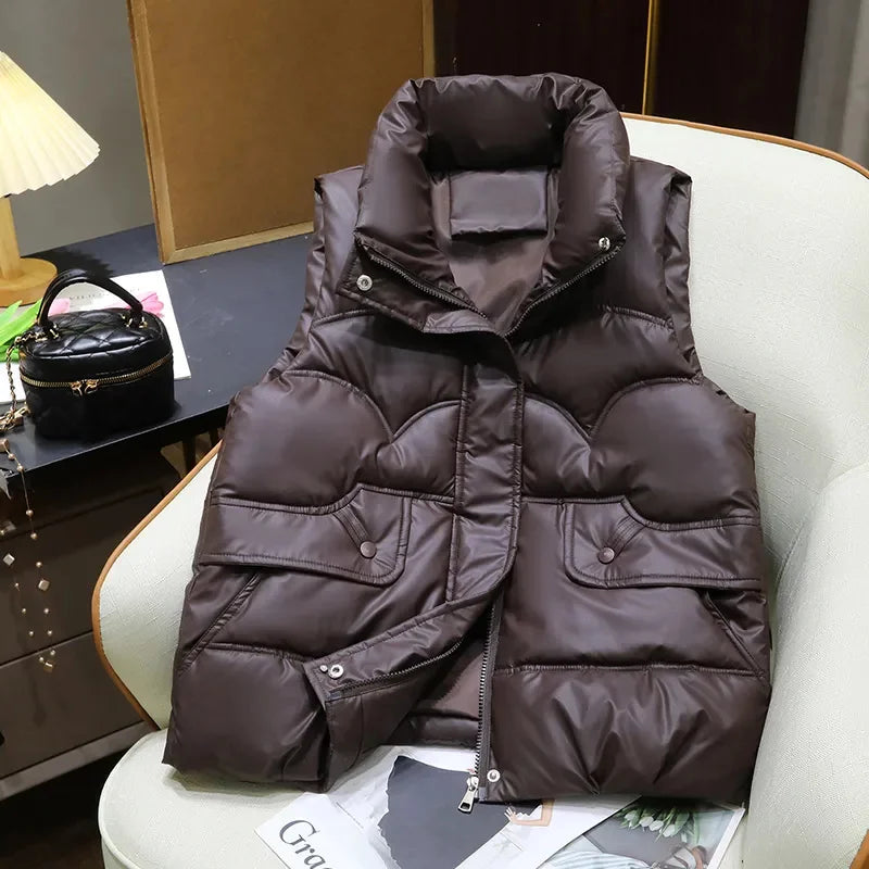 Down Cotton Vest Women 2025 New Autumn Winter Fashion Stand Collar All-Match Warm Sleeveless Waistcoat Jacket Ladies Female Tops - Matrix Studios