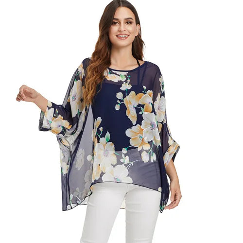 BHflutter White Blouse Shirt Women Fashion Batwing Casual Summer Tops Tees Ladies Print Chiffon Blouses Streetwear Plus Size - Matrix-studios.com