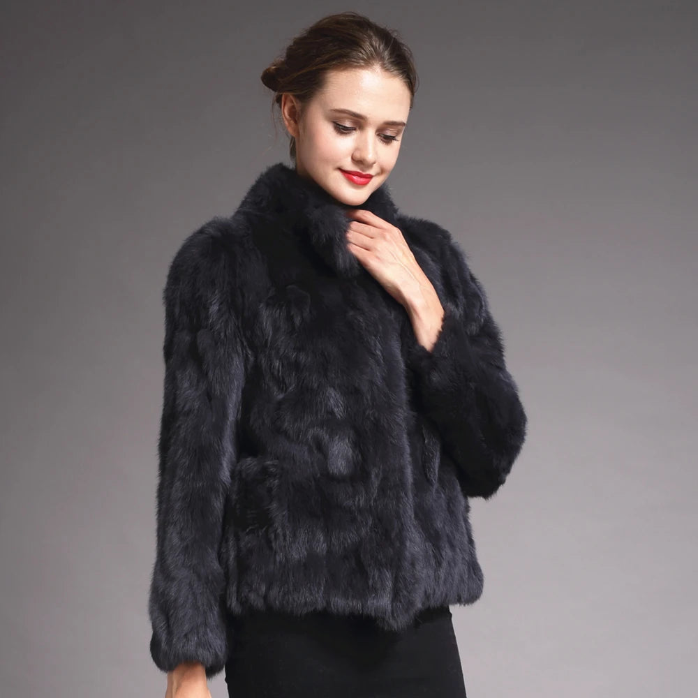 QUEENTINA Real Rabbit Fur Coat Woman Luxury Fashion Leather Autumn Winter Jacket Whole Skin 2023 For Female Natural Feather - Matrix Studios