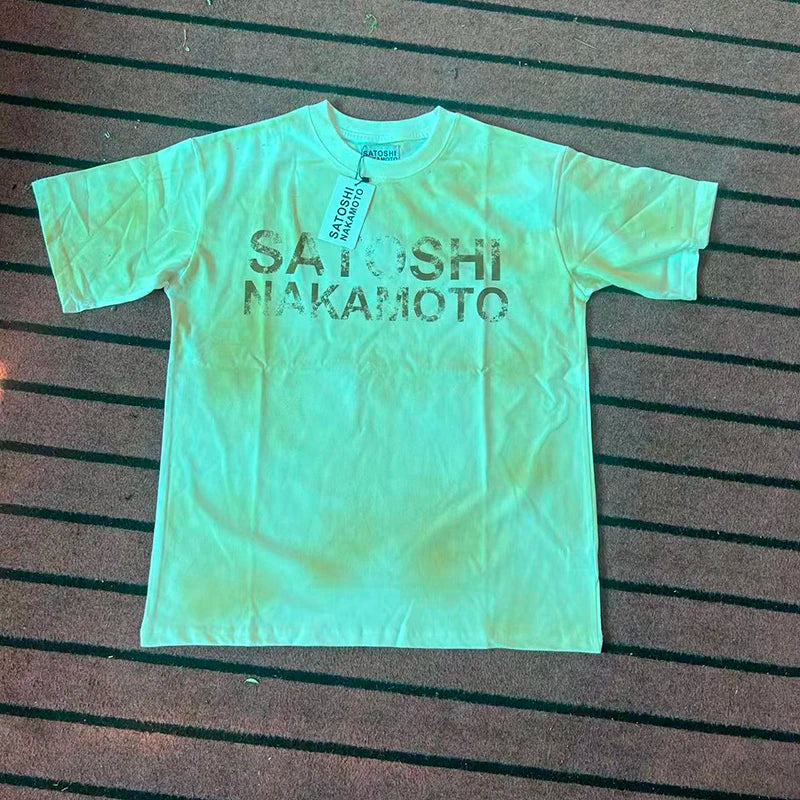 Multi-styles Satoshi T-shirt Loose Fit Oversized High Street Vintage Washed Distressed Letter Print Men's Short Sleeve T Shirt - Matrix-studios.com
