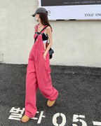 jeans womens 2025 Summer Style loose Girls Pink wide leg trousers jumpsuit korean casual denim overalls womens - Matrix Studios