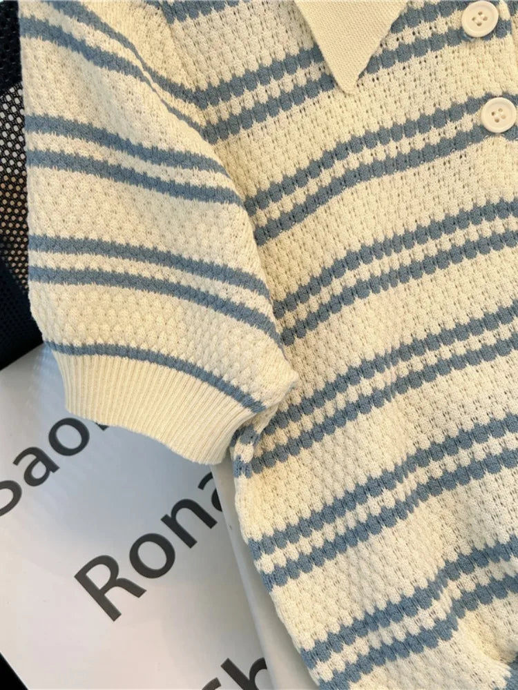 2025 Polo Neck New Womens Knitting T-Shirt Striped Short Sleeve Women T Shirt for Female Slim Tops Woman T Shirts Clothing S145 - Matrix-studios.com