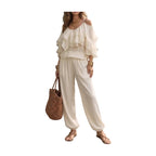 Pants Set Off Shoulder Ruffle Layer Top Elastic Waist Loose Jogger Pants For Women Beach Vacation Daily Leisure Travel Matching Outfit - Matrix-studios.com