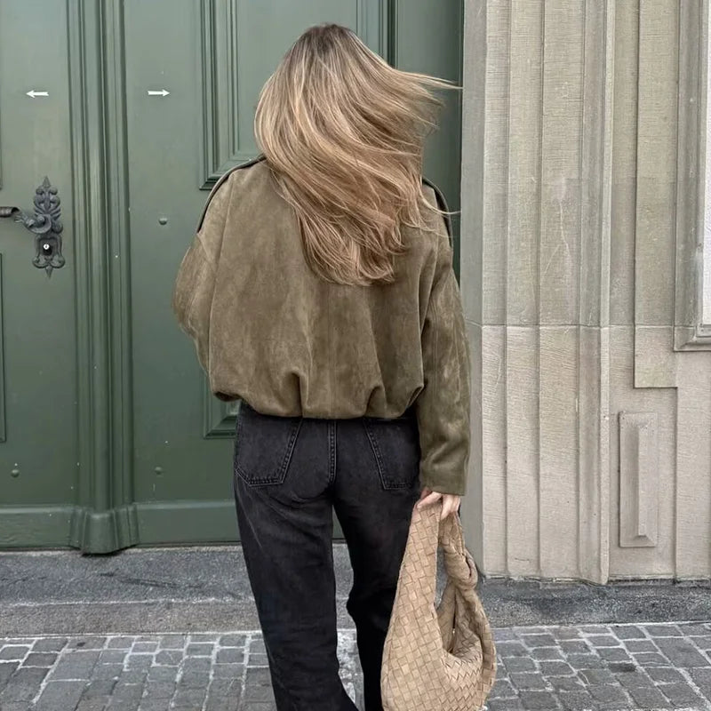 Women's Bomber Jackets Coats Fashion Turn-down Collar Long Sleeve Loose Coats Vintage Female Outerwear Chic Tops - Matrix-studios.com