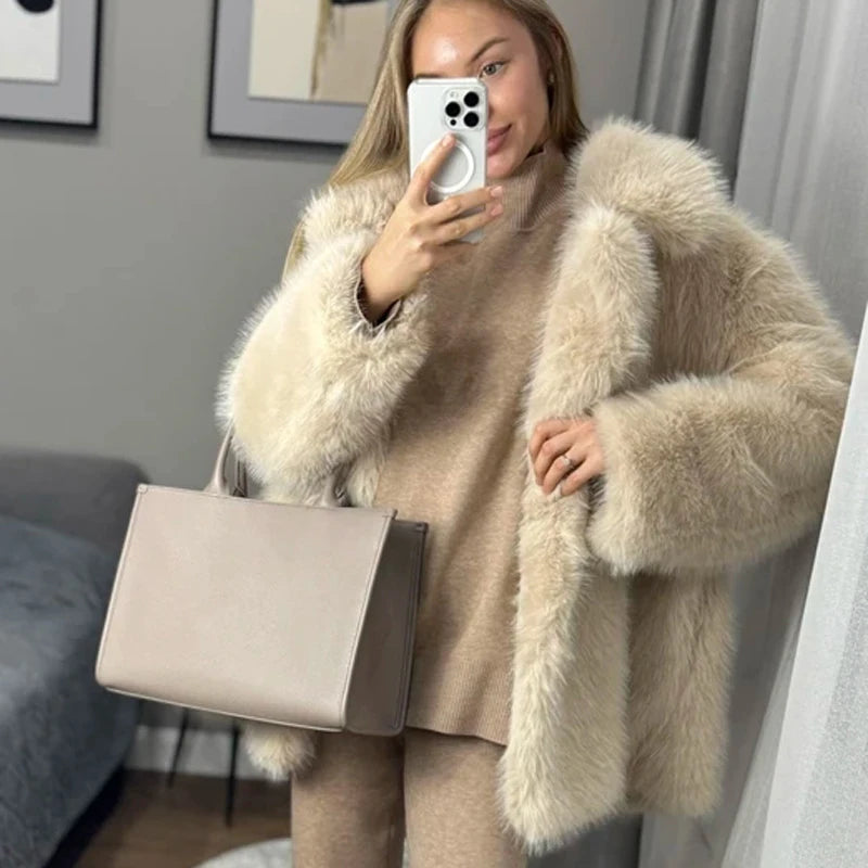New Thick Cotton Winter Fur Coat Women Suit Collar White Medium Long Luxury Fox Fur Overcoat  High Quality Fury Plush Jacket - Matrix Studios