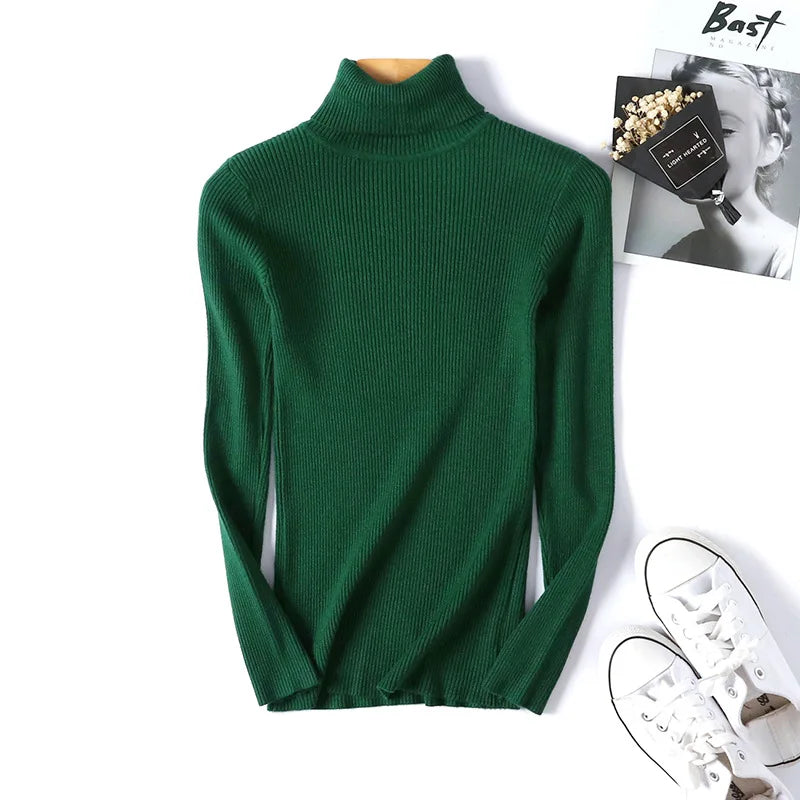 Casual Soft Polo-neck Jumper New Autumn Winter Women Knitted Turtleneck Sweater Fashion Slim Elasticity Solid Ribbed Pullovers - Matrix Studios