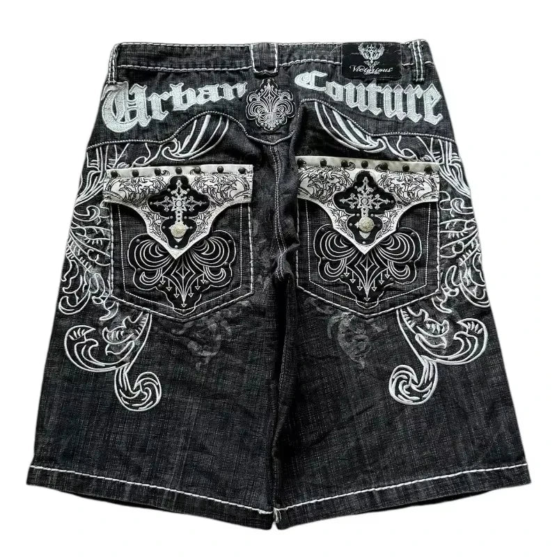 American New Retro Letter Embroidery Tooling Denim Shorts Trend Gothic Y2K Harajuku Hip-hop Loose Sports Shorts Street clothes