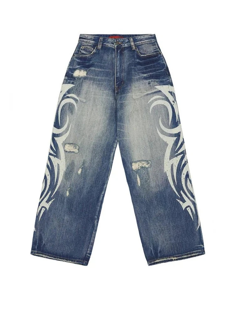Deeptown Vintage Y2k Ripped Jeans Women Harajuku Print Blue Baggy Distressed Denim Trousers Hip Hop Grunge Streetwear Wide Jeans - Matrix-studios.com