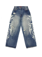 Deeptown Vintage Y2k Ripped Jeans Women Harajuku Print Blue Baggy Distressed Denim Trousers Hip Hop Grunge Streetwear Wide Jeans - Matrix-studios.com