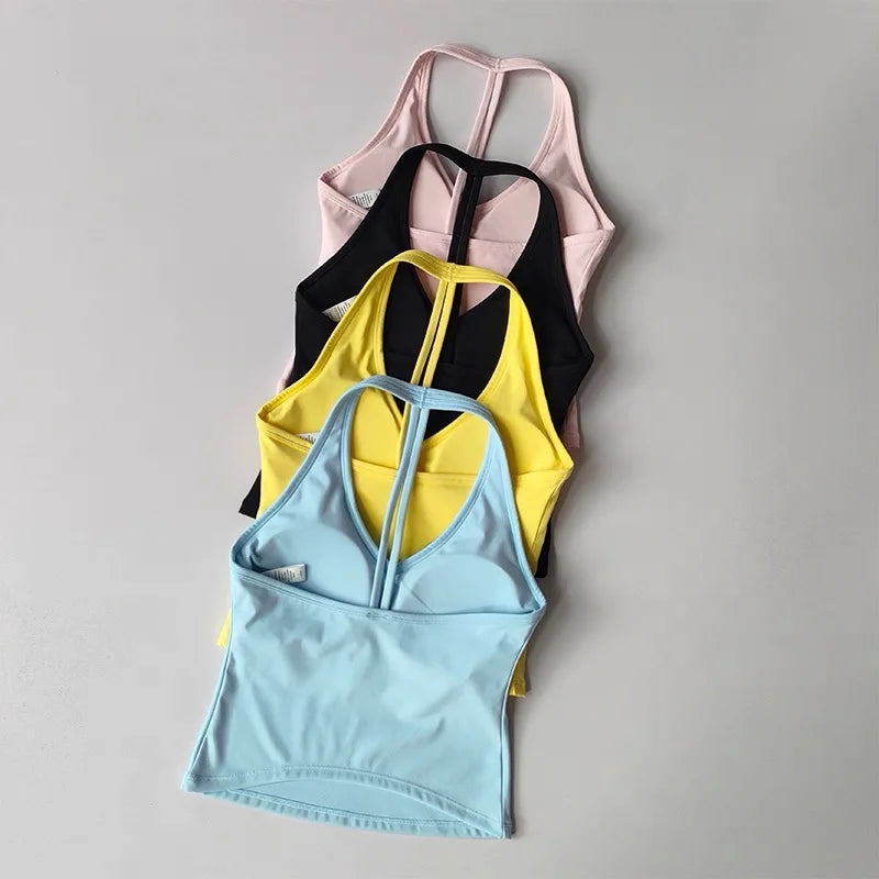 Women's Sexy V-Neck Fitness Bra Nude Sports Bra Hanging Neck Yoga Suit Vest Comfortable Breathable Gym Top for Active Wear - Matrix Studios