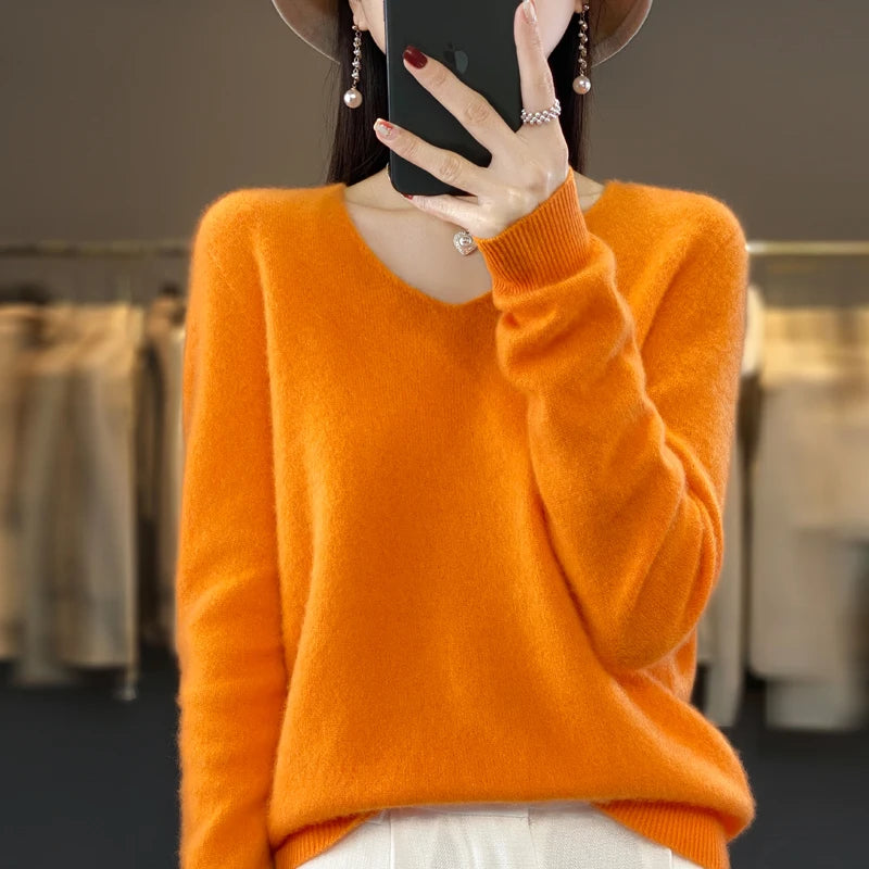 100% pure wool cashmere sweater women's V-neck pullover casual knit top autumn and winter women's coat Korean fashion - Matrix Studios