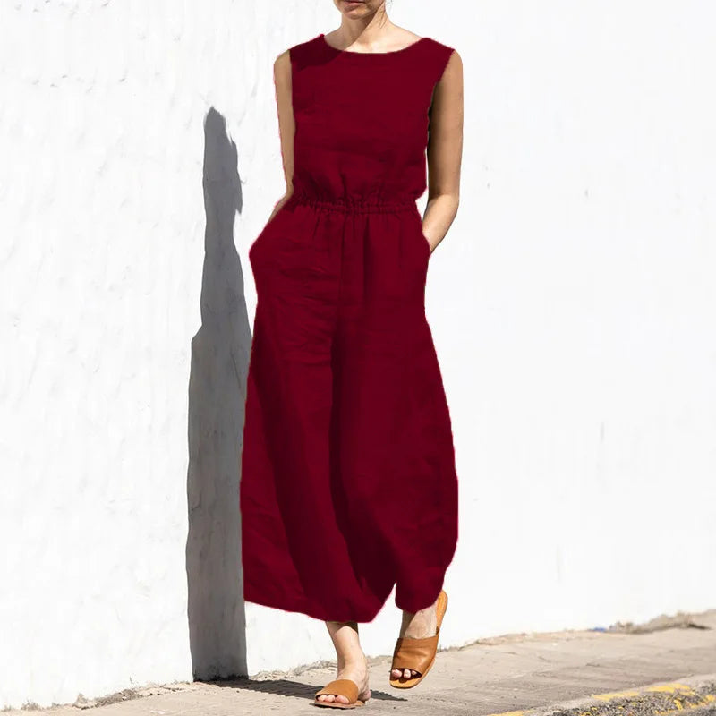 Cotton And Linen Jumpsuit Women Solid Color Sleeveless Pocket High Waist Wide Legs Jumpsuits Casual Commuting Ladies Bodysuits - Matrix Studios